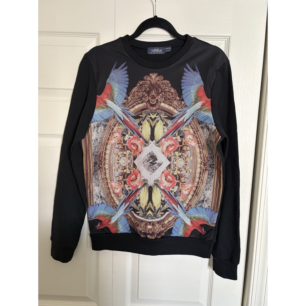 Topman Men's Small Sweatshirt Long Sleeve Crewneck Pullover Graphic Print Mesh